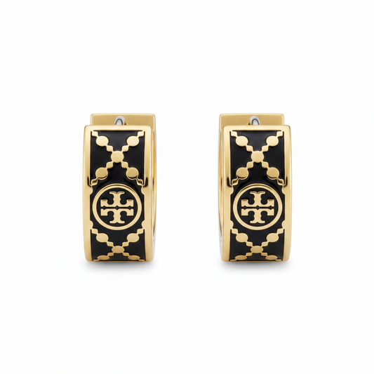 Tory Burch T Monogram Hoop Enamel Earrings Black Gold - Clean Product Shot