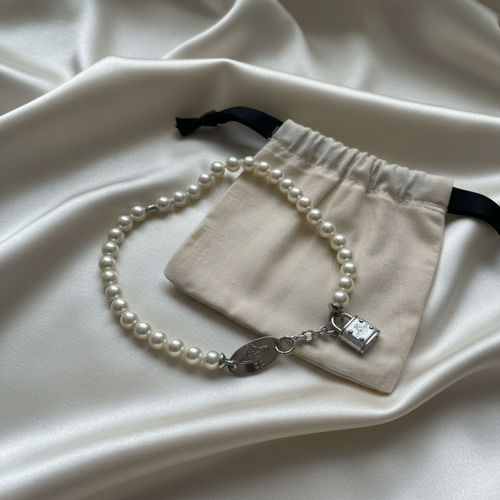Vivienne Westwood Padlock Pearl Necklace on cream silk