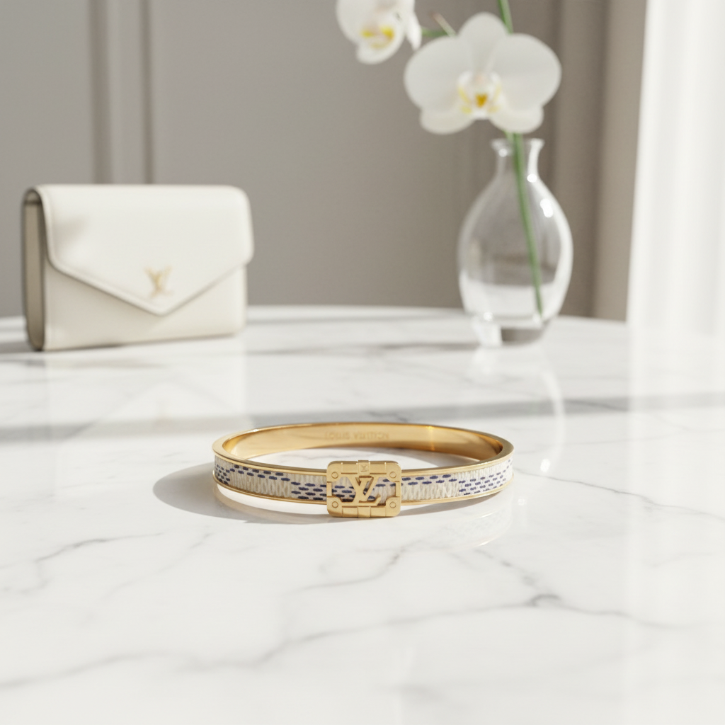 LV Damier Azur Bangle on marble surface, editorial lifestyle shot