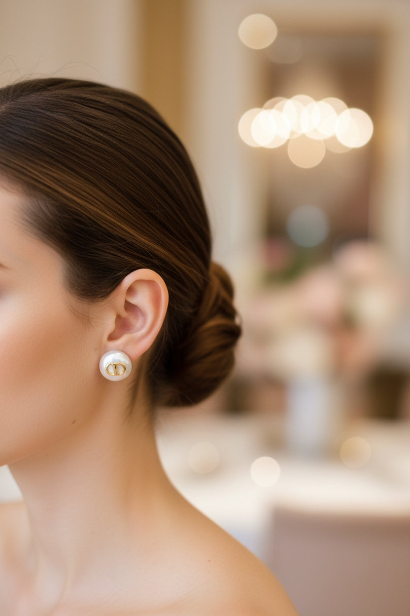 Christian Dior White Resin Pearl CD Logo Earrings close-up on ear