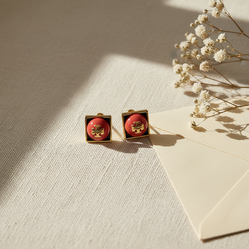 Tory Burch Kira Coral Stud Earrings - Flat lay on cream linen