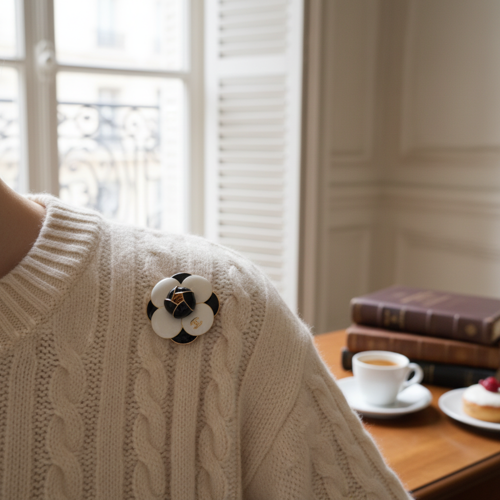Chanel Camellia Flower Brooch - Styled on cream cashmere sweater