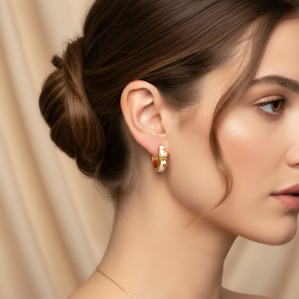 Tory Burch Serif T Huggie Earrings - Worn on Model
