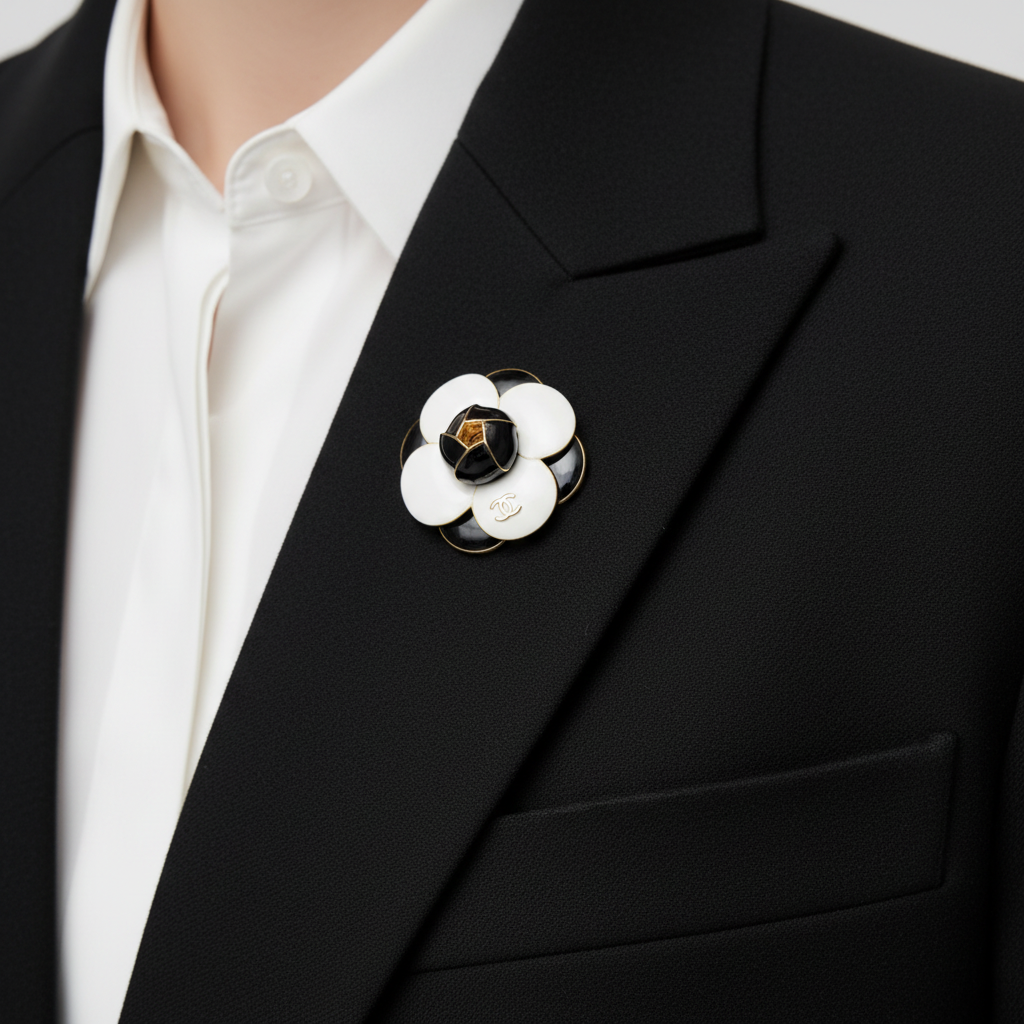 Chanel Camellia Flower Brooch - Pinned on black blazer lapel