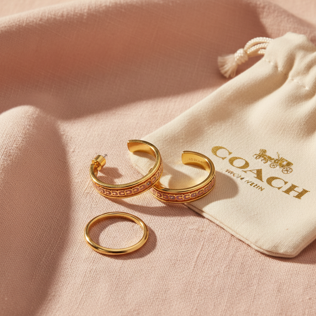 Coach multicolor hoop earrings styled flat lay