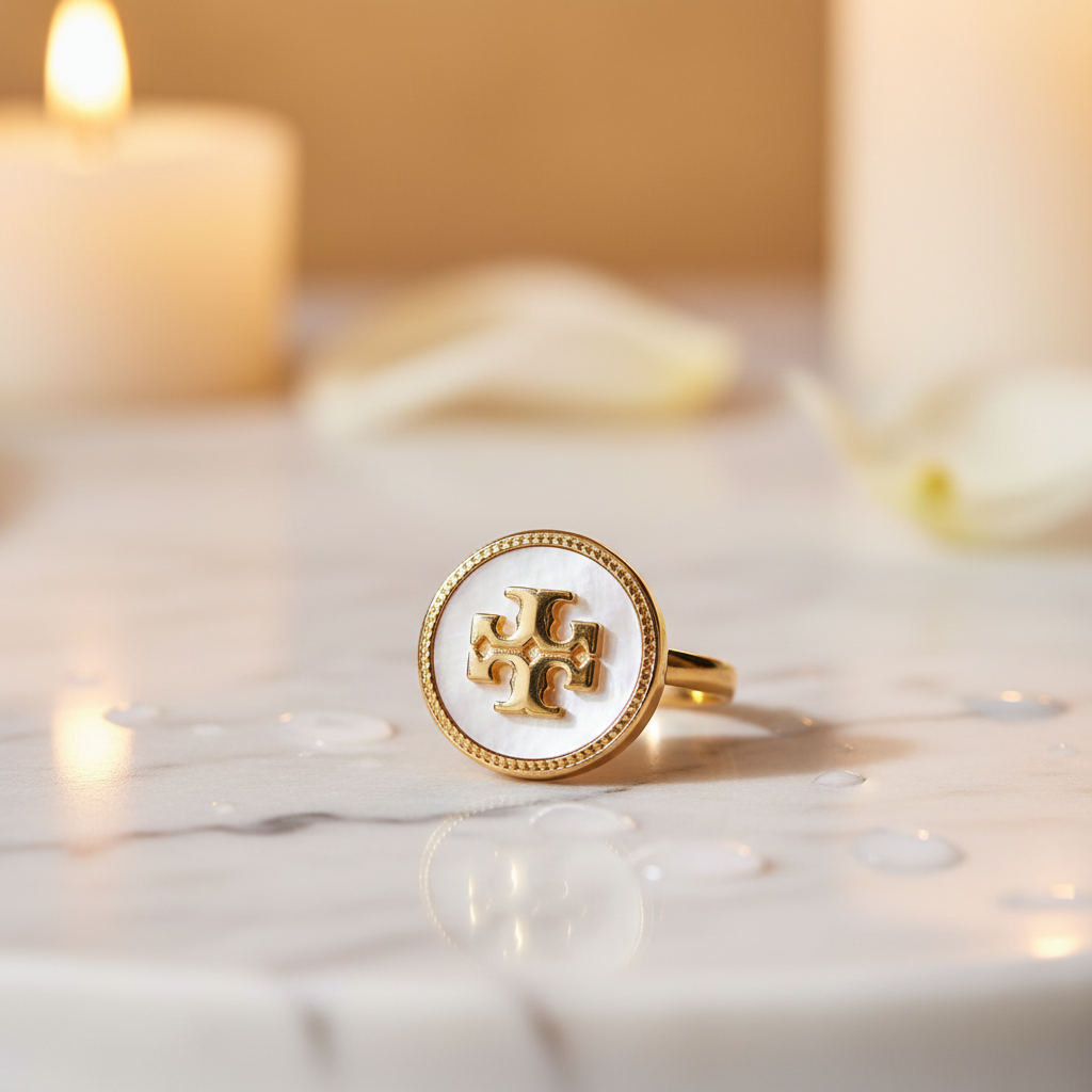 Tory Burch Mother of Pearl Logo Ring – marble surface