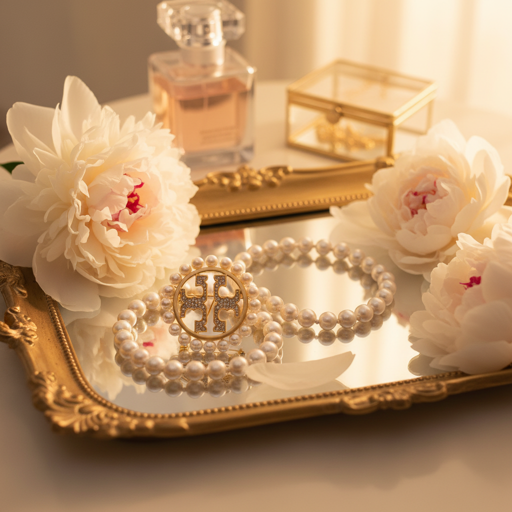 Tory Burch Miller Pearl Brooch gold vanity tray with pearl necklace and peonies