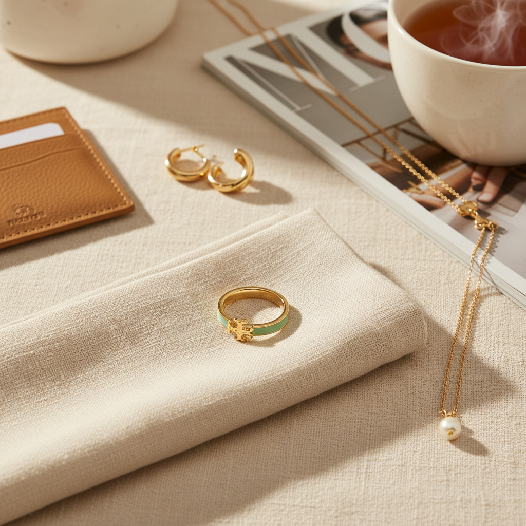 Tory Burch Kira Enamel Ring in Gold and Mint - cream linen flat lay