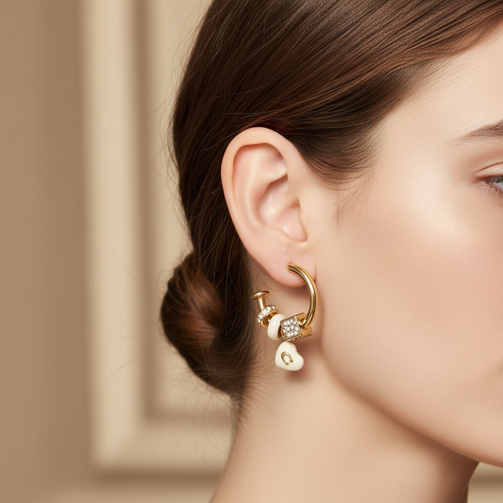 Coach Heart and Dice Charm Hoop Earrings - lifestyle on ear