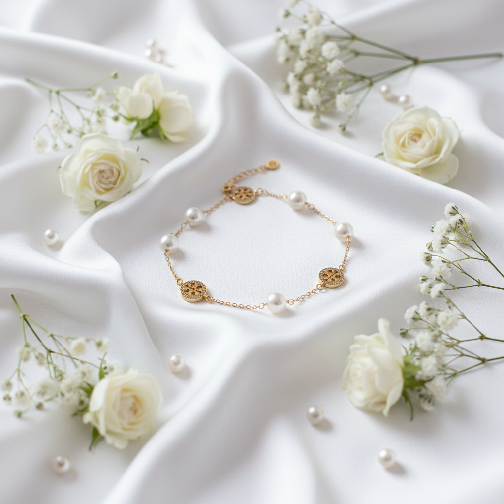 Tory Burch Miller Pavé Crystal Logo and Pearl Bracelet - luxury flat lay