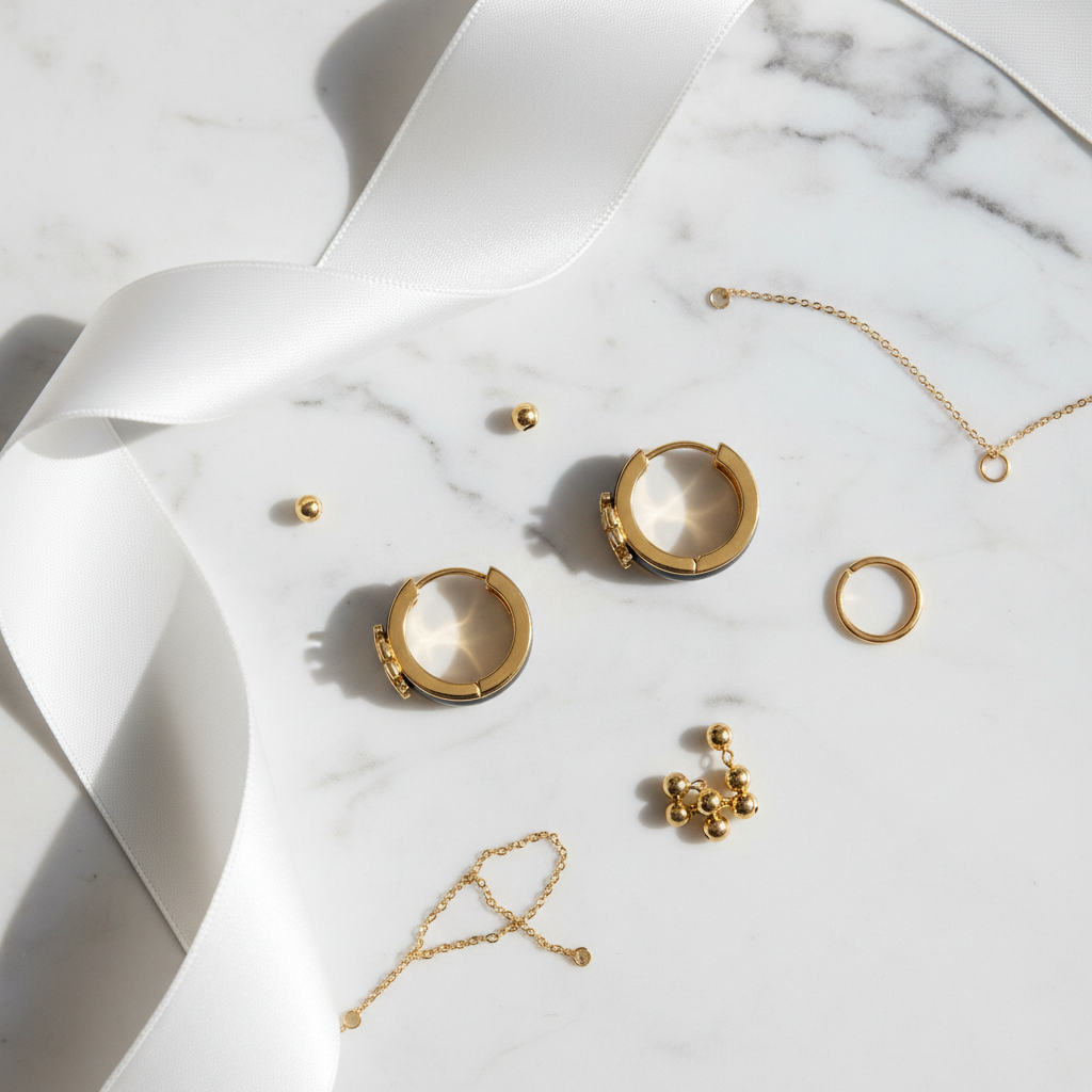 Tory Burch Icon Enamel Hoop Earrings in Black/Gold - marble flat lay with silk ribbon