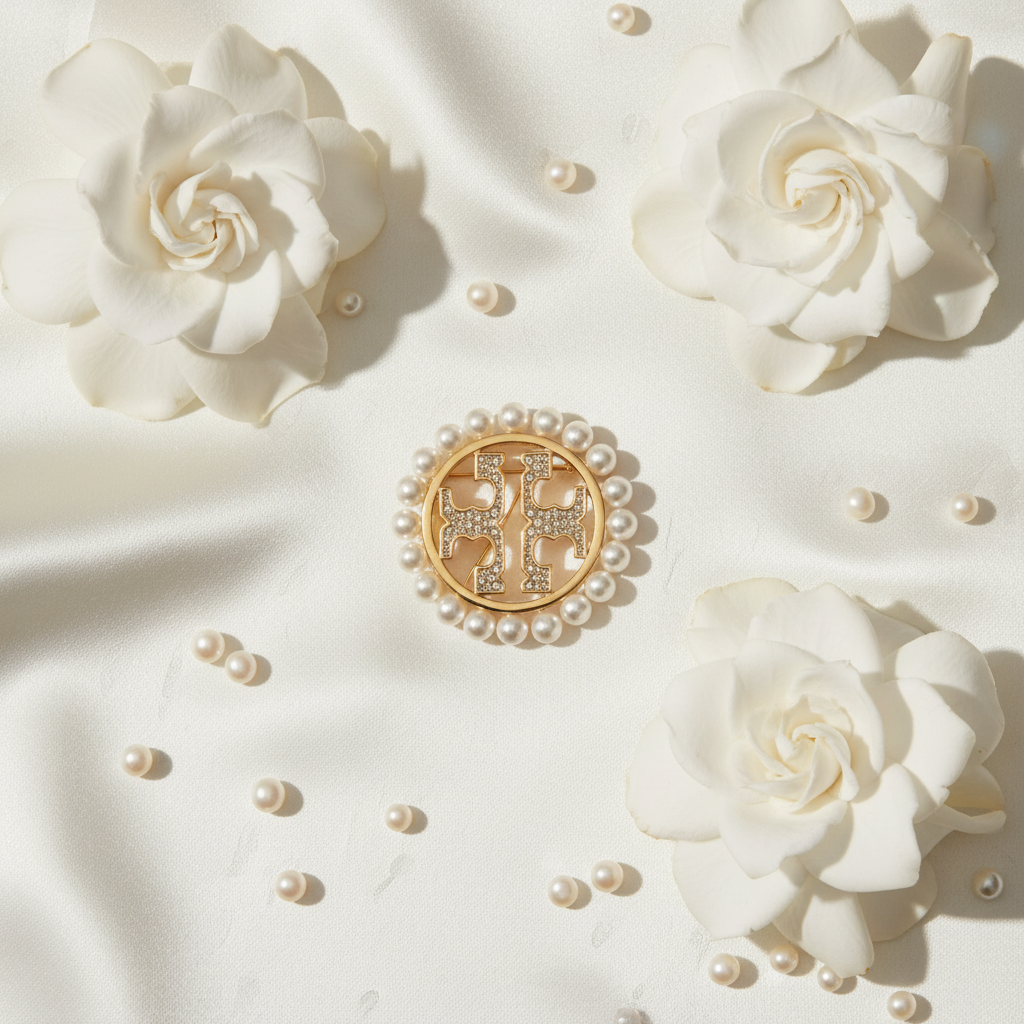 Tory Burch Miller Pearl Brooch flat lay with ivory silk and gardenias