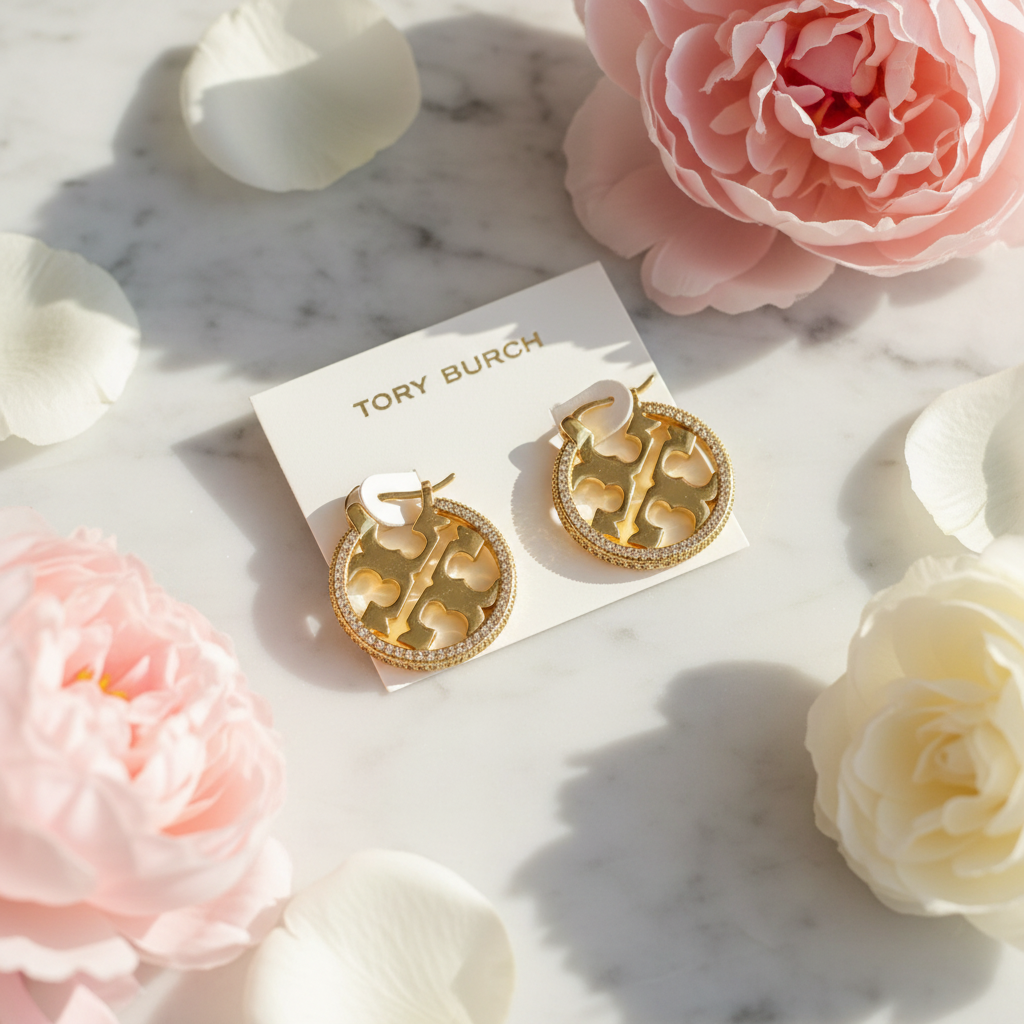 Tory Burch Miller Pavé Hoop Earrings - marble flat lay