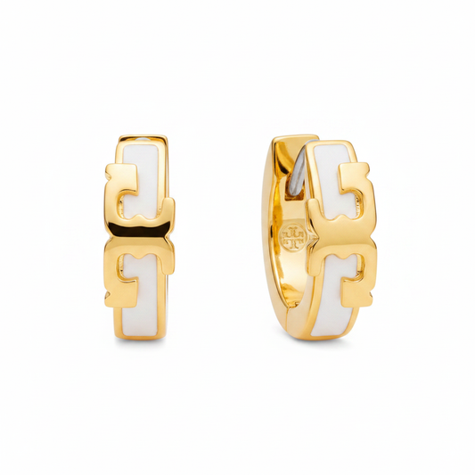Tory Burch Serif T Huggie Earrings White Enamel Gold - Clean Product Shot