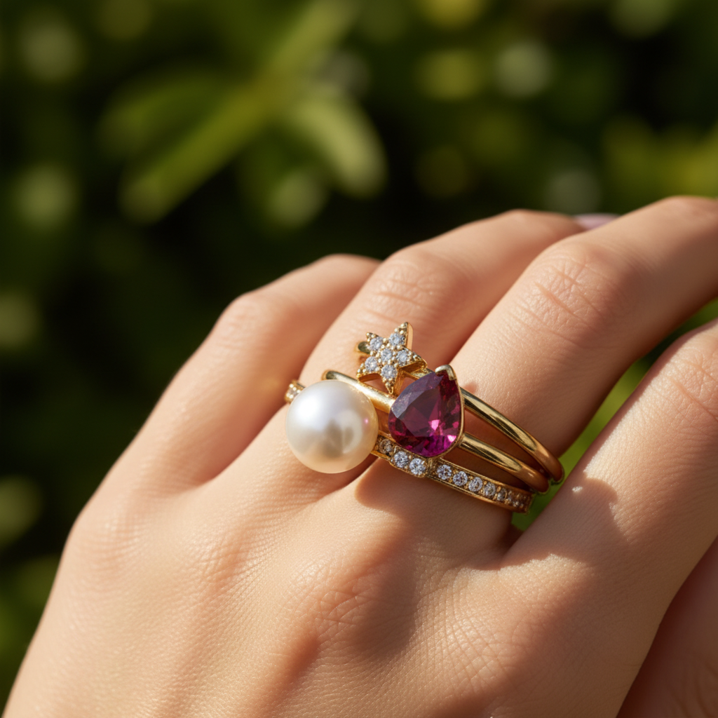 Kate Spade Light Up the Room Stackable Ring Set close-up stacked on finger