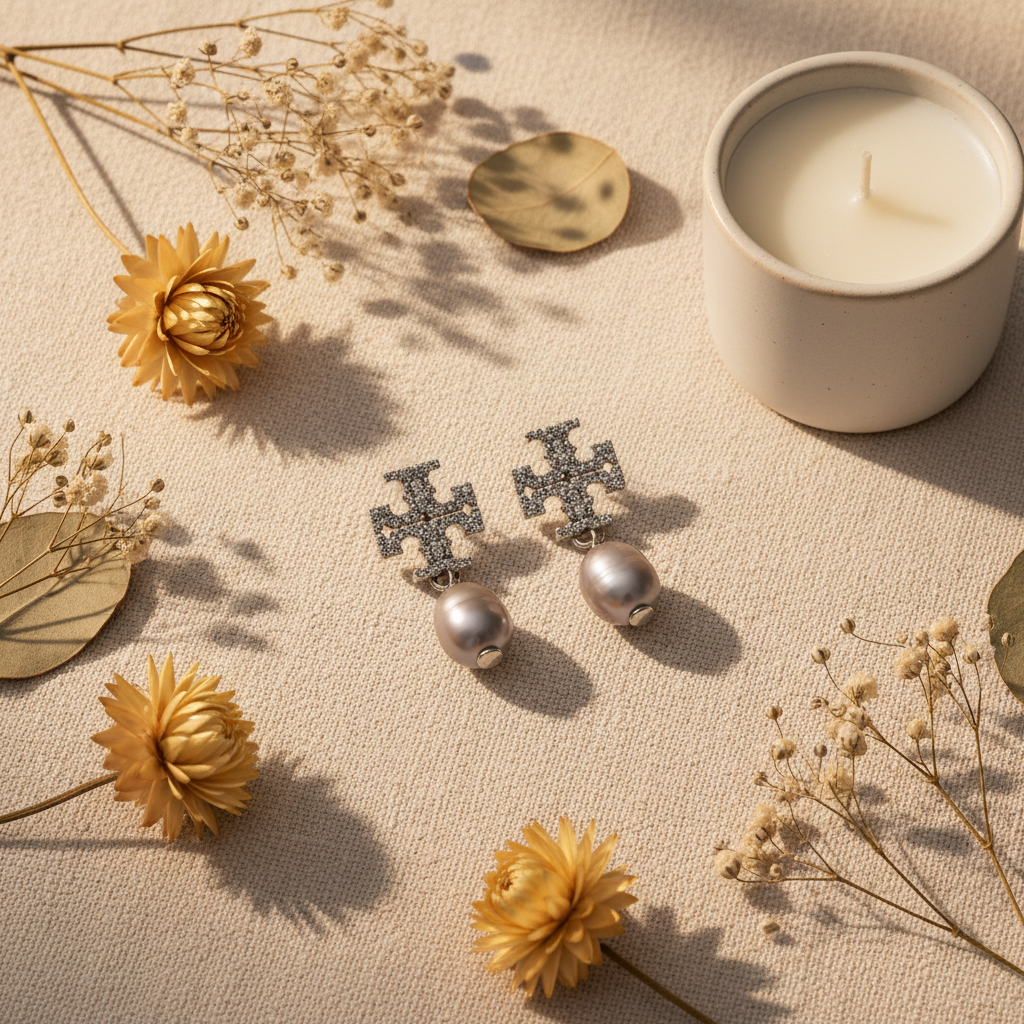 Tory Burch Kira Pavé Pearl gray drop earrings styled with flowers and candle