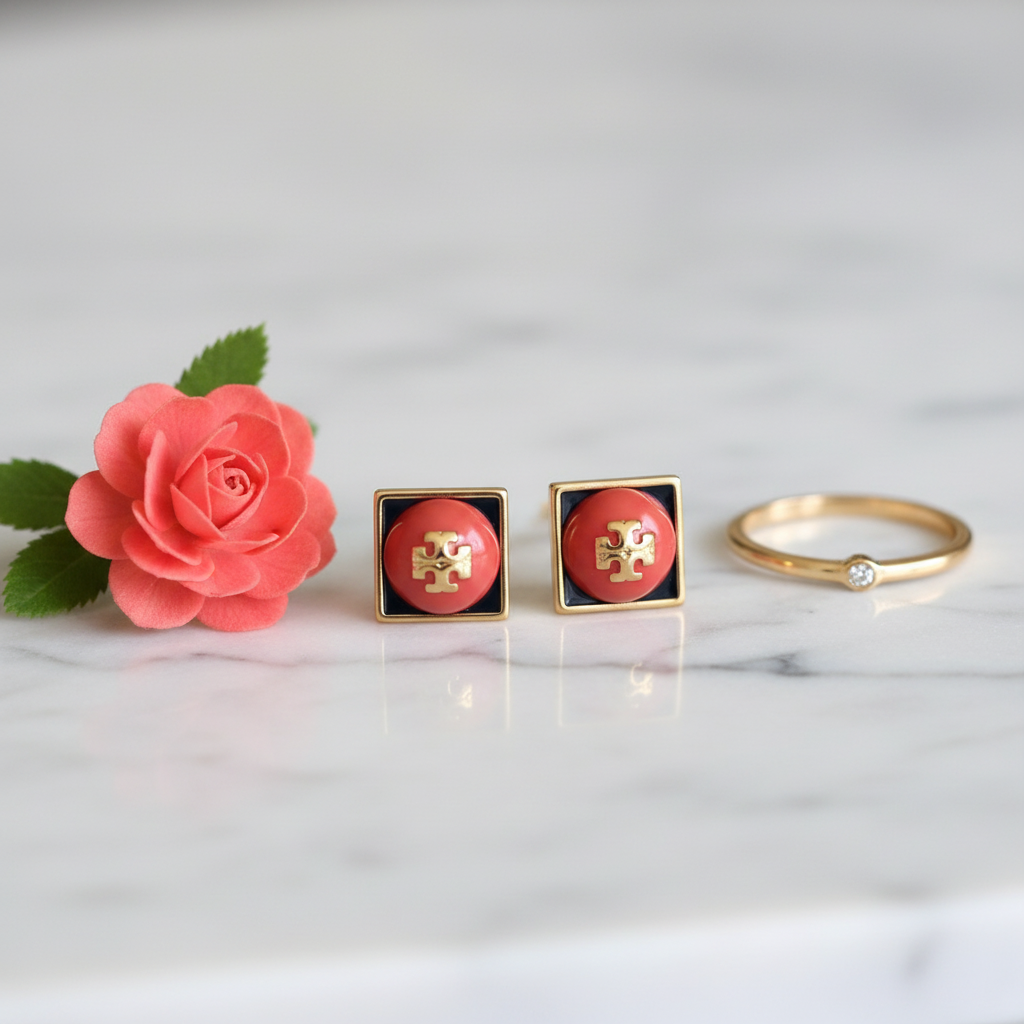Tory Burch Kira Coral Stud Earrings - White marble with coral flower