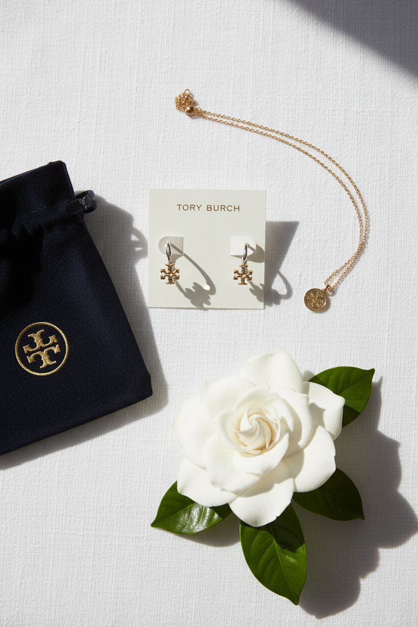 Tory Burch Eleanor Two-Tone Hoop Earrings flat lay on white linen