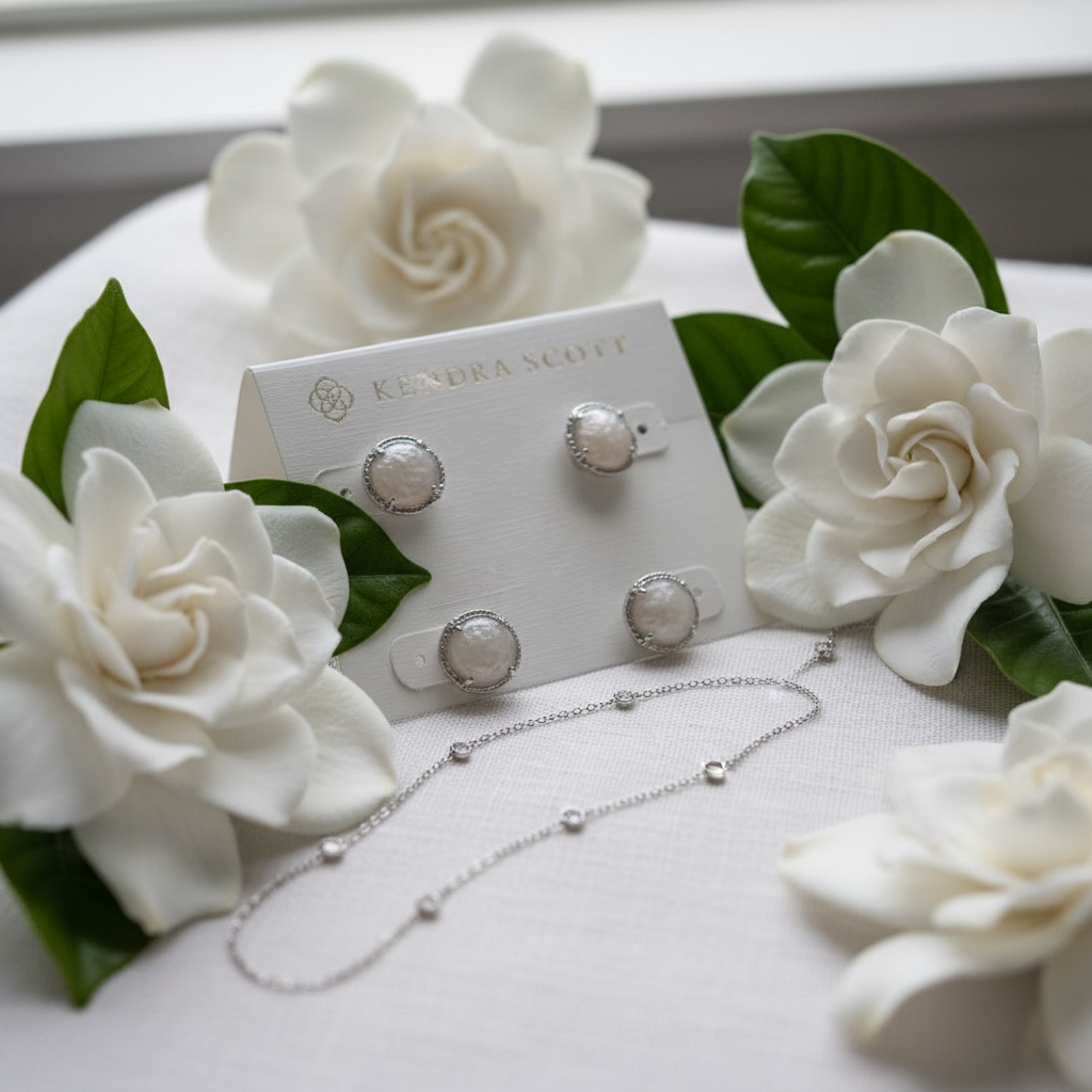 Kendra Scott Cade Studs - white linen flat lay