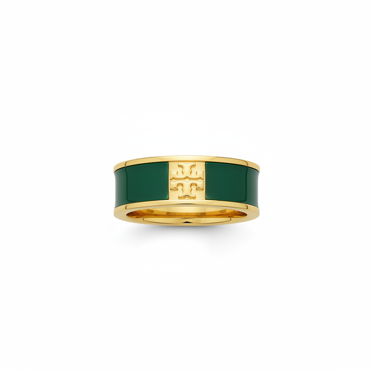 Tory Burch Kira Green & Gold Enamel Ring - white background