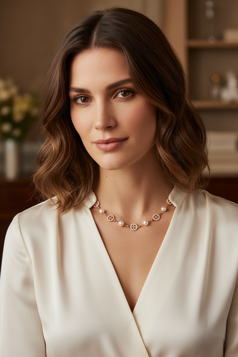 Tory Burch Miller Pavé pearl necklace worn on neck