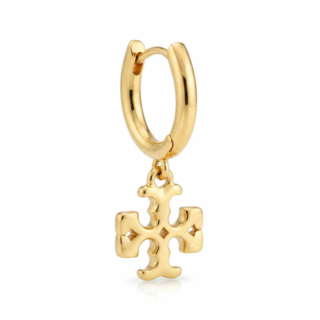 Close-up macro of Tory Burch mini logo drop hoop earring