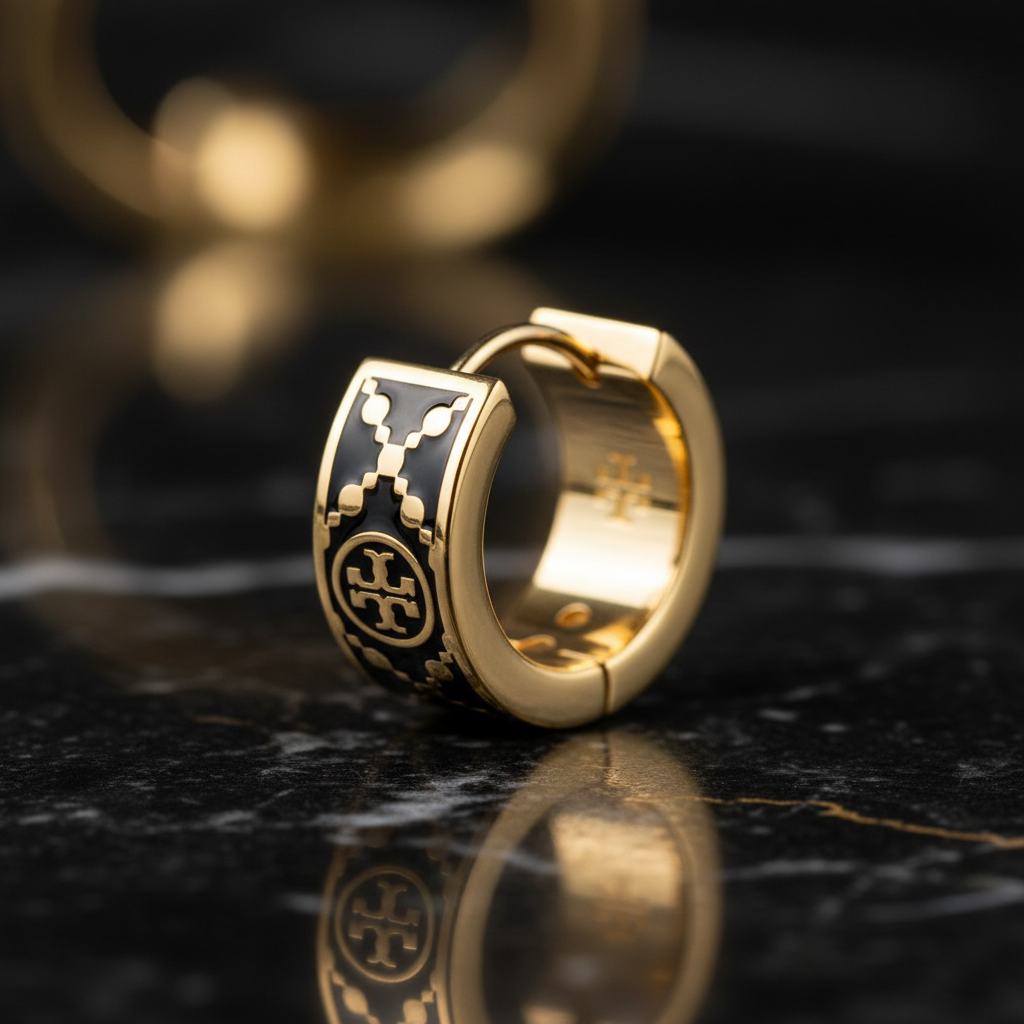 Tory Burch T Monogram Hoop Enamel Earrings Black Gold - Macro Detail