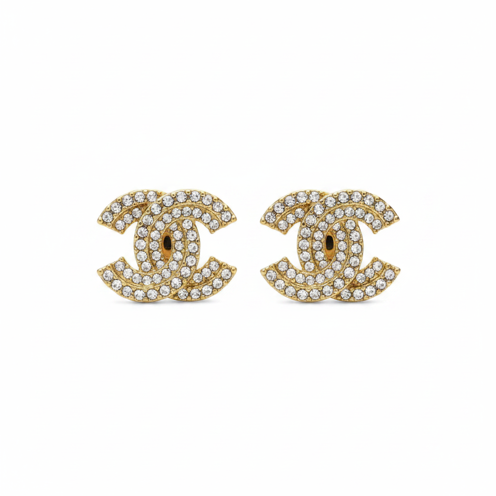 Chanel CC Logo Gold Crystal Stud Earrings on white background
