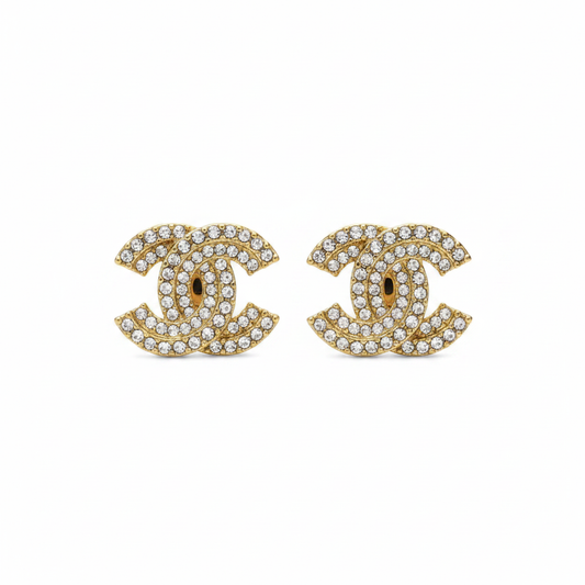 Chanel CC Logo Gold Crystal Stud Earrings on white background