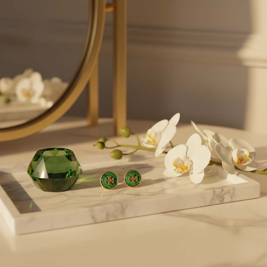 Tory Burch Malachite Stud Earrings marble tray with jade crystal and orchids