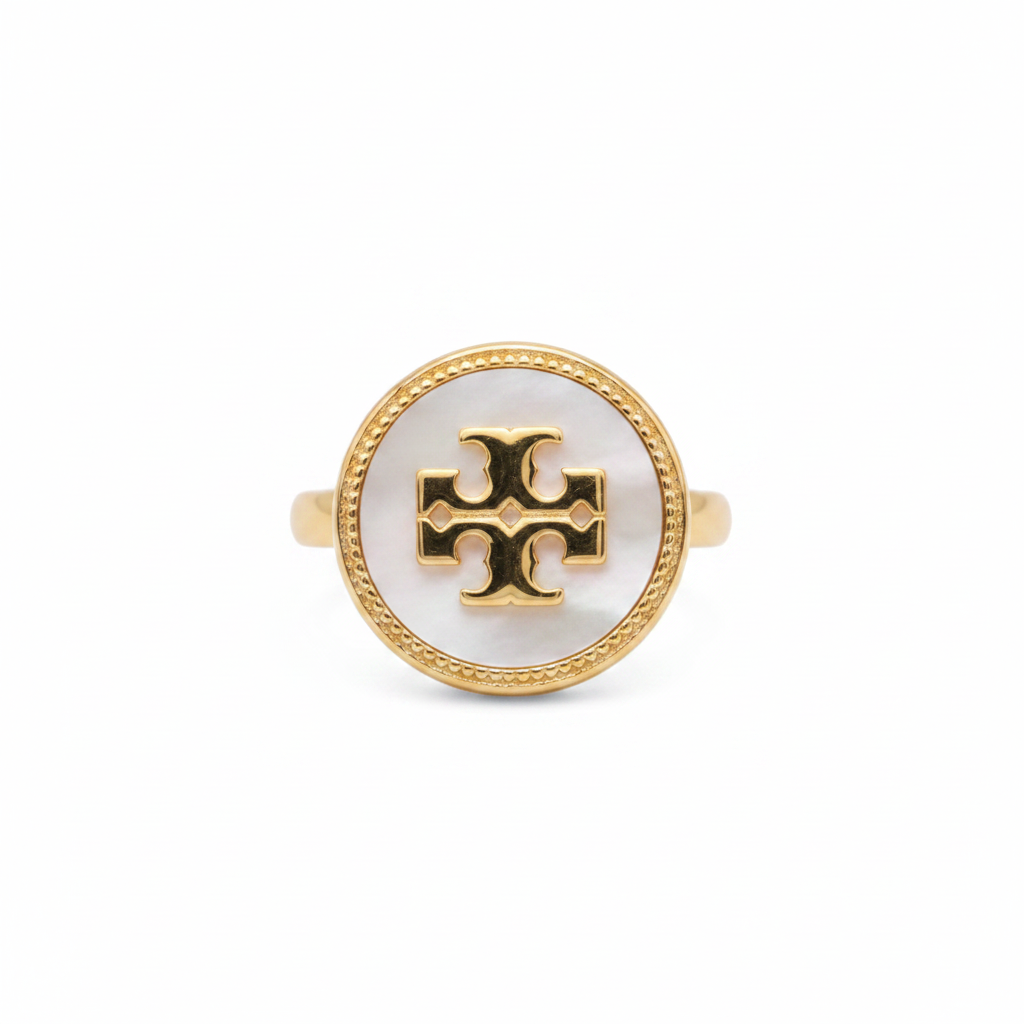 Tory Burch Mother of Pearl Logo Ring – clean product shot
