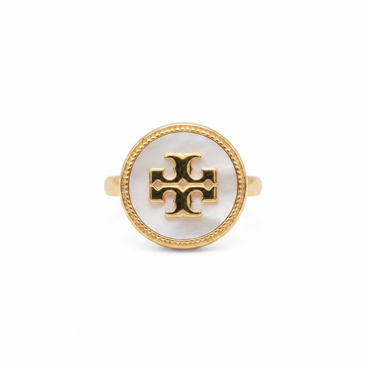 Tory Burch Mother of Pearl Logo Ring – clean product shot