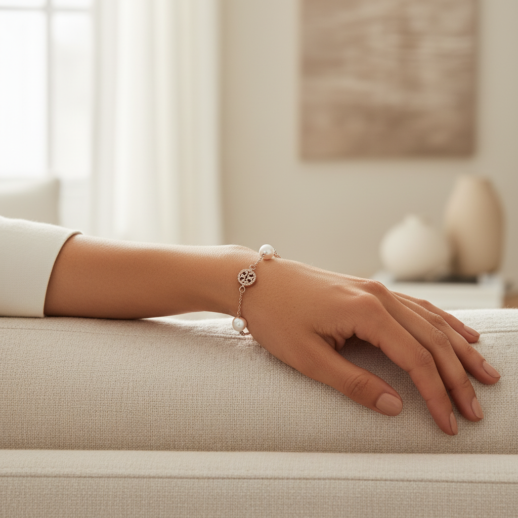 Tory Burch Pearl & Pave Crystal Bracelet in Rose Gold - lifestyle shot 1