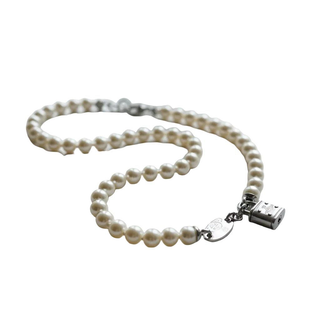 Vivienne Westwood Padlock Pearl Necklace on marble