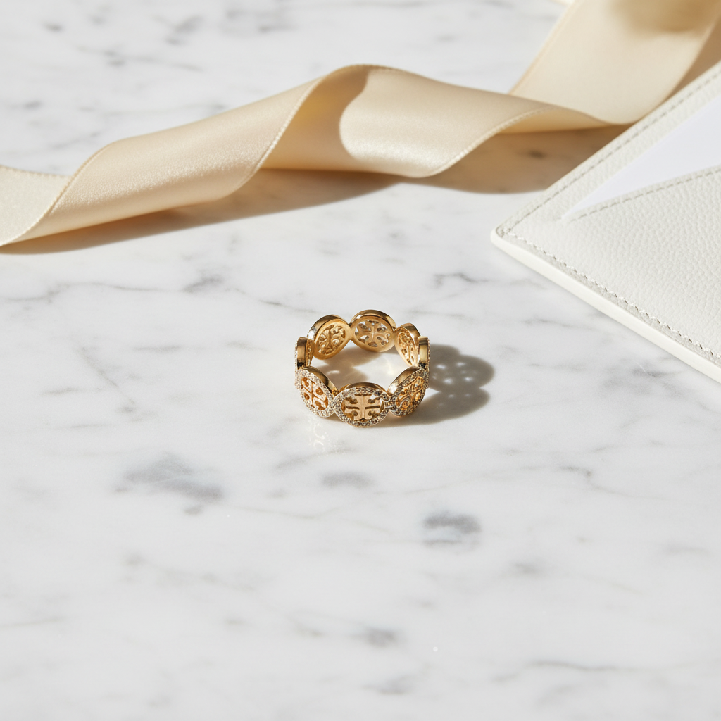 Tory Burch Miller Pavé Ring marble flat lay