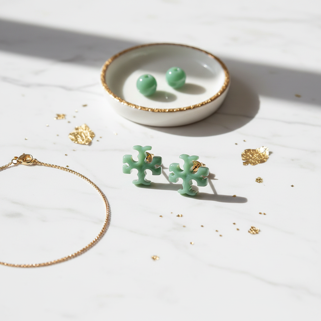 Tory Burch Roxanne Cross Stud Earrings Azure Green - White Marble Flat Lay