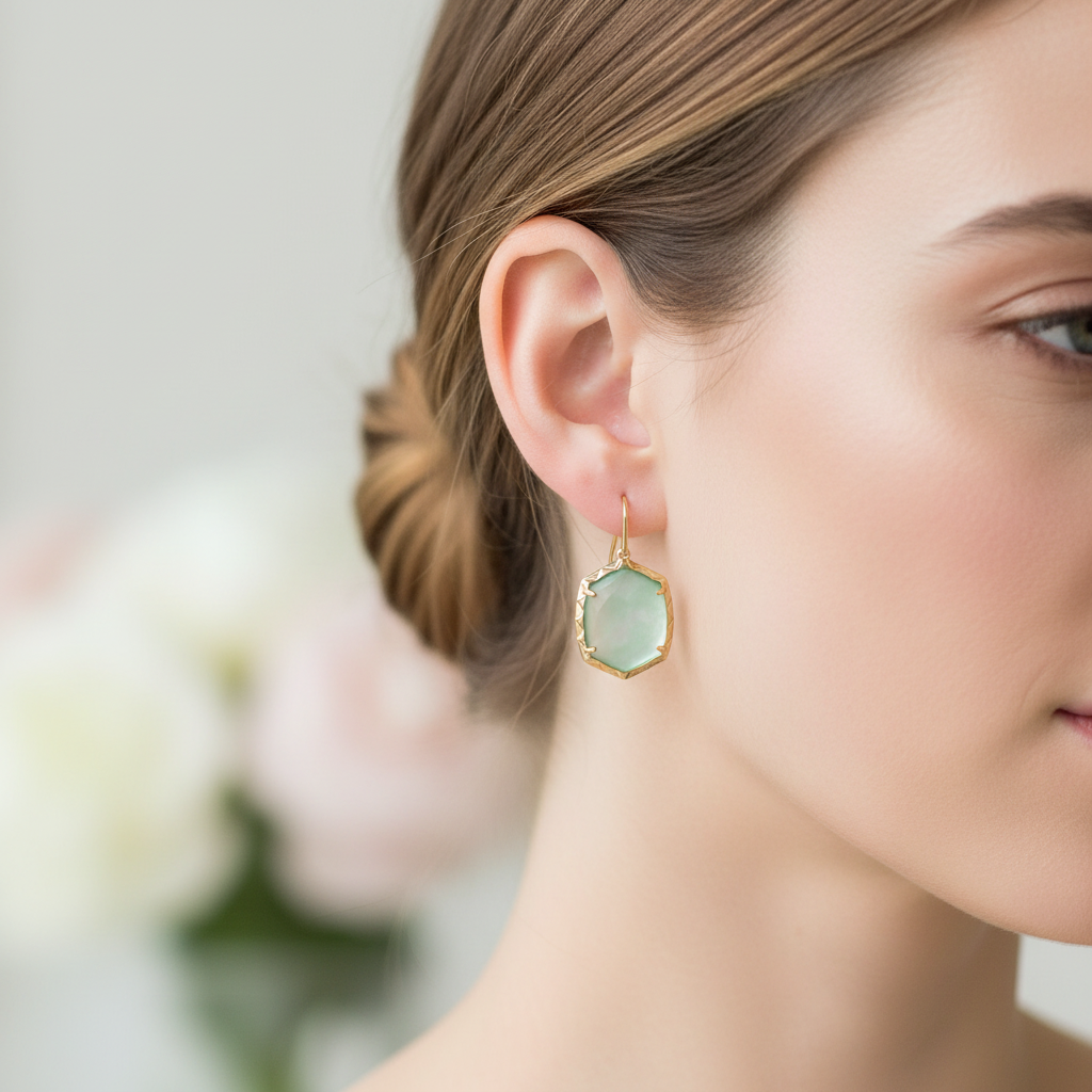 Kendra Scott Daphne Gold Drop Earrings in Light Green Mother of Pearl – close-up detail