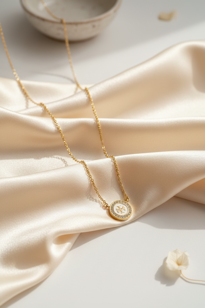 Tory Burch Icon Pavé Pendant Necklace - Draped on cream silk flat lay