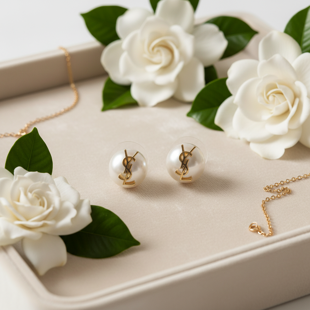 YSL Pearl Logo Stud Earrings - Cream Velvet Tray