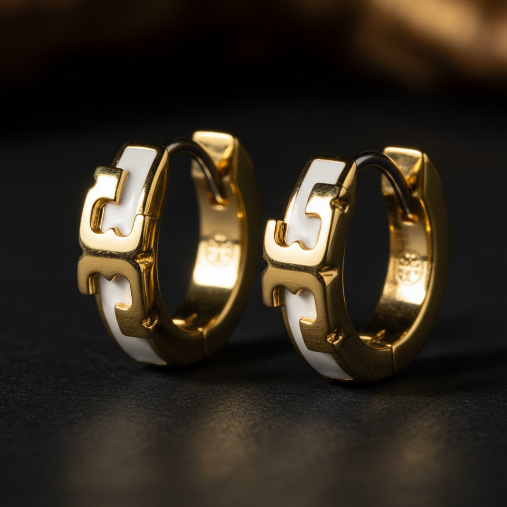 Tory Burch Serif T Huggie Earrings - Macro Enamel & Gold Detail