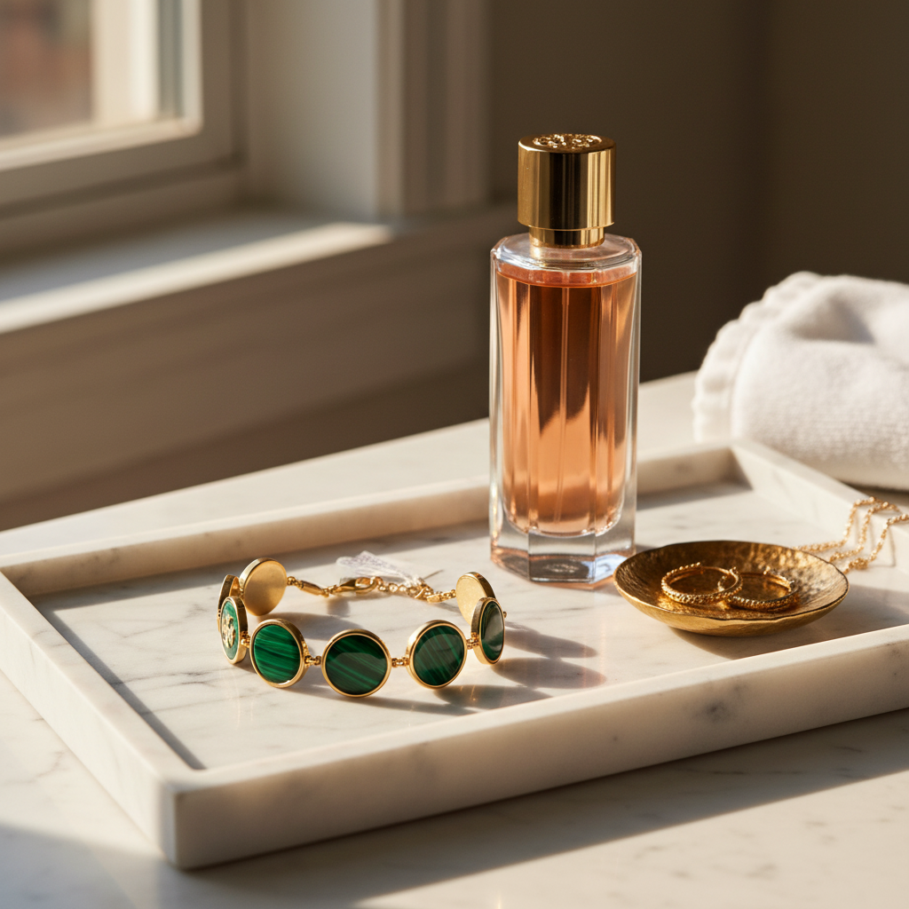 Tory Burch Malachite Link Bracelet in Gold - vanity tray lifestyle