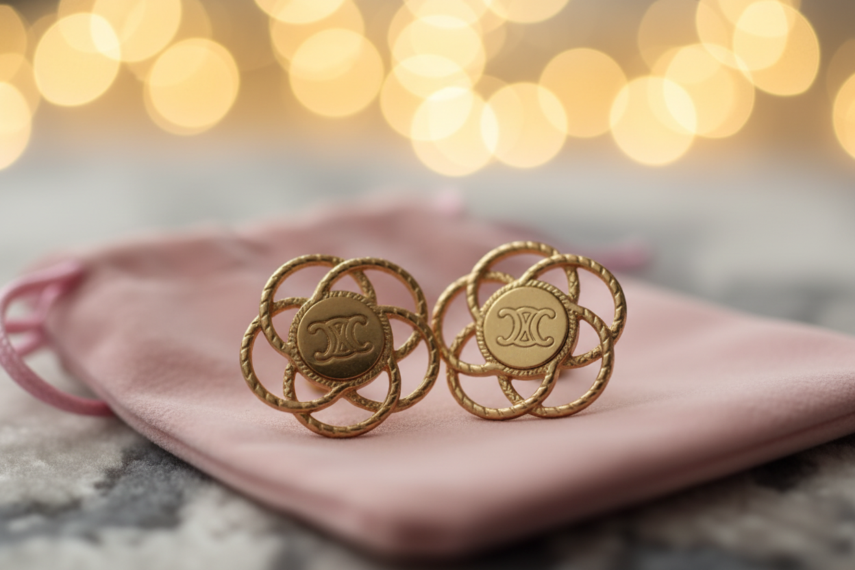 Celine Triomphe Brass Over Gold Floral Stud Earrings on velvet pouch