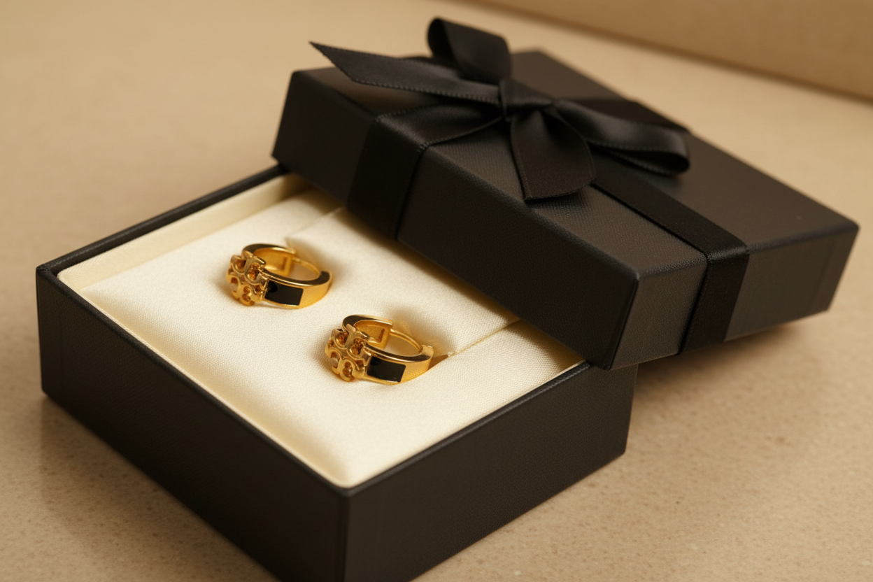 Tory Burch Icon Enamel Hoop Earrings in Black/Gold - luxury gift box