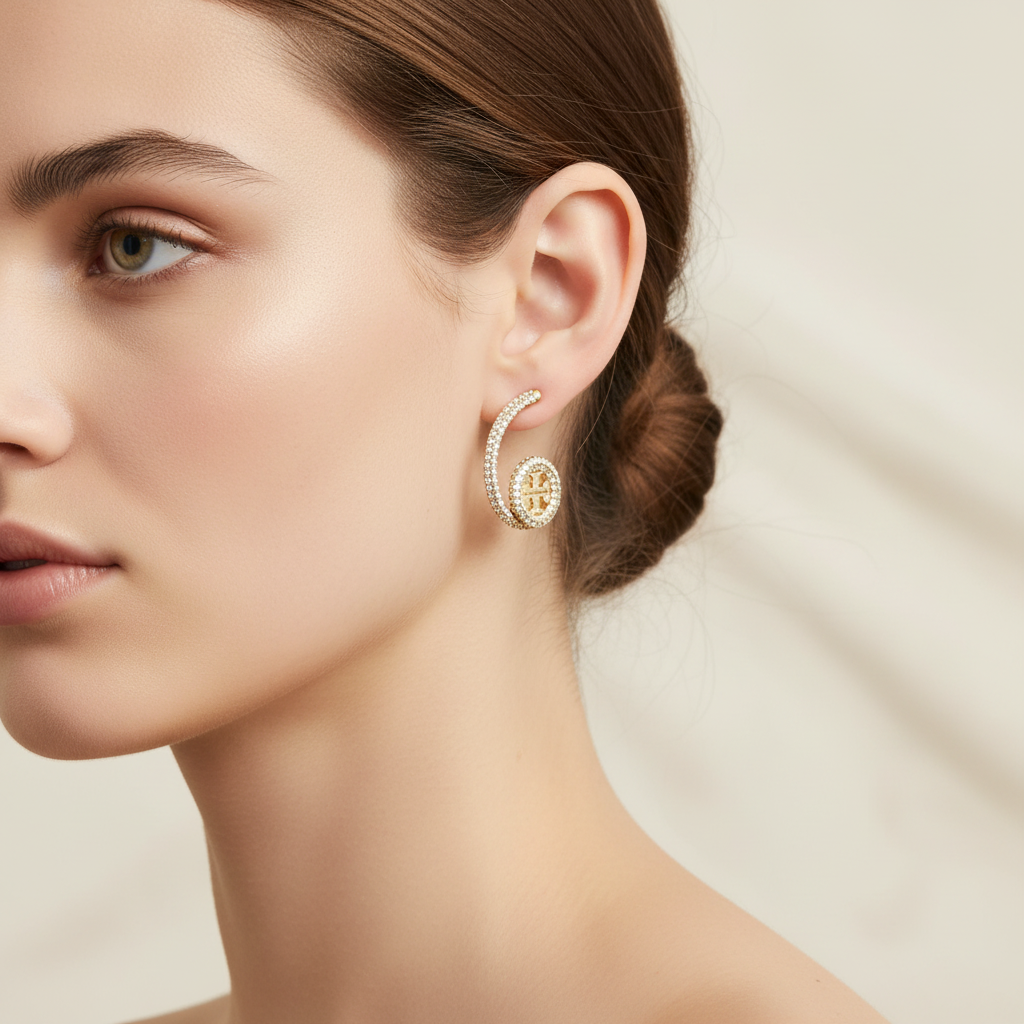 Tory Burch Icon Pavé Logo Earrings - lifestyle on ear