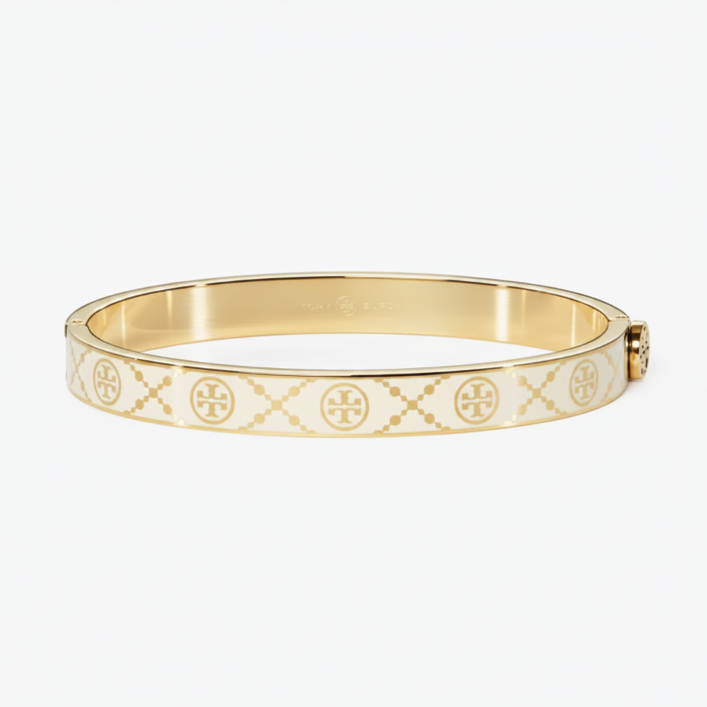 Tory Burch Icon T Monogram Hinge Bracelet in Tory Gold/Ivory - clean product shot