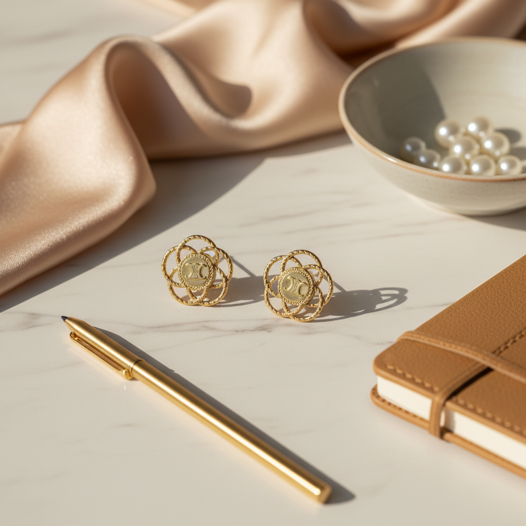 Celine Triomphe Brass Over Gold Floral Stud Earrings on marble flat lay