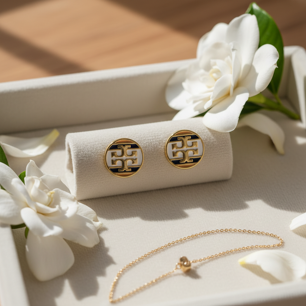 Tory Burch Icon Stripe Enamel Stud Earrings - cream velvet tray