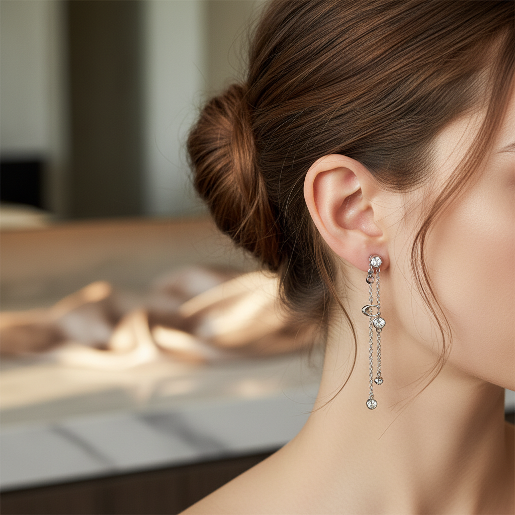 Coach Crystal Chain Earrings editorial updo shot