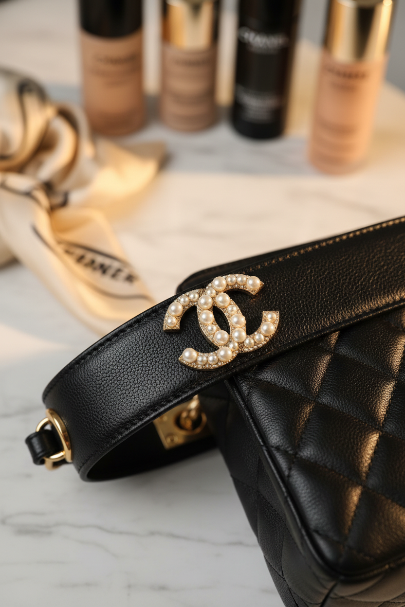 Chanel CC Logo Pearl Brooch Gold Tone on handbag