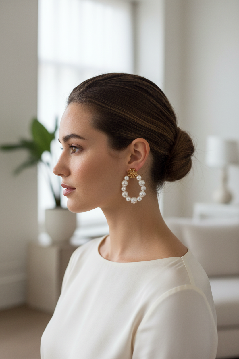 Tory Burch Britten Pearl Statement Earrings worn with updo